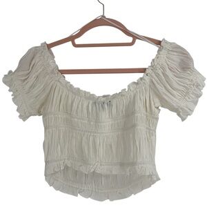 Angel Kiss White Ruched Crinkle Off Shoulder Ruffle Crop Top Peasant Cottagecore